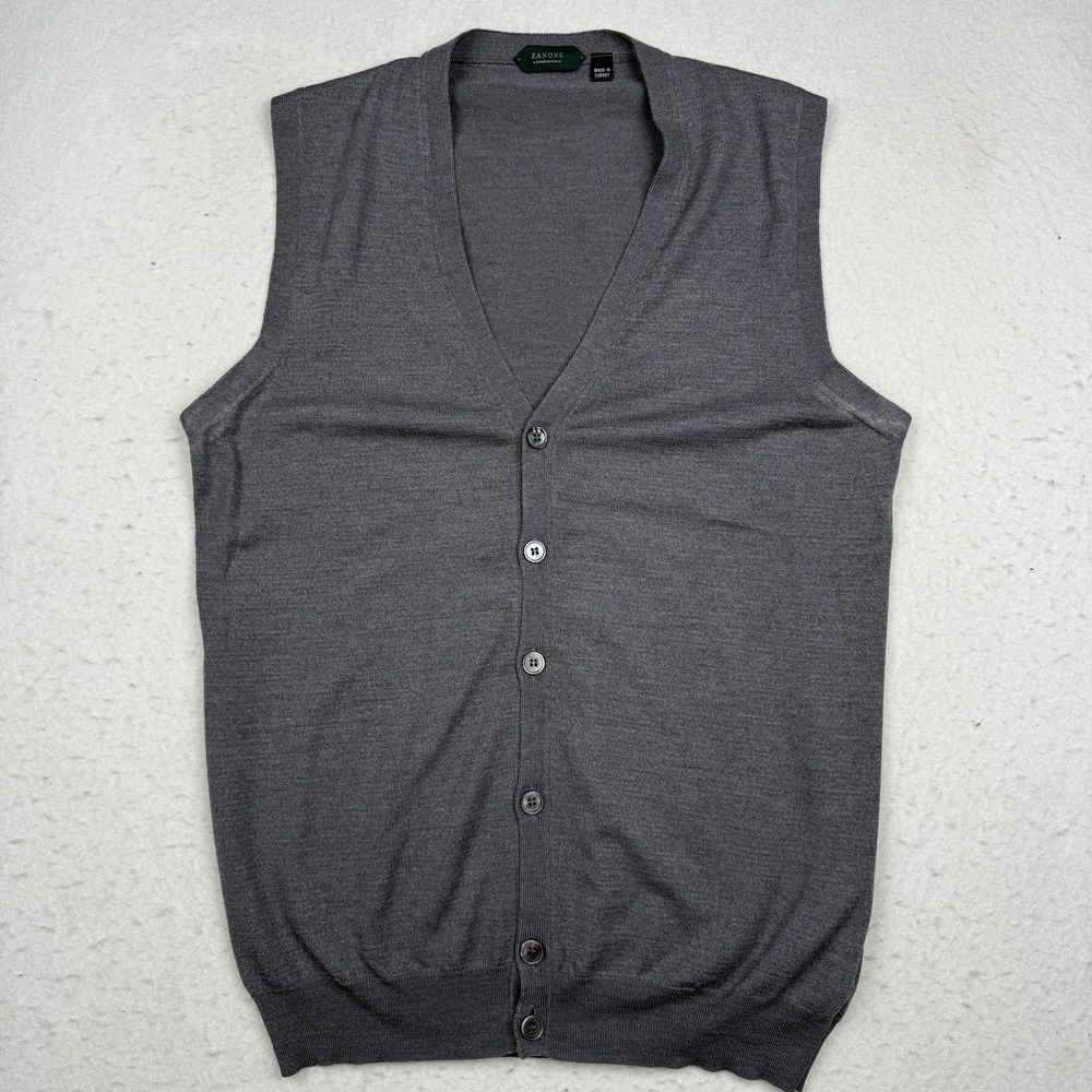 Zanone Sweater Vest Mens 52 Gray Virgin Wool Flexwool V Neck Button Knit